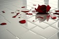 On the floor of white mirrors, crimson rose petals drop. a light background Royalty Free Stock Photo