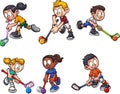 Cartoon boys and girls playing floorball