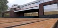 The flooring is brown decking in the yard of an advanced mini hotel. Red brick, marble, entrance to the building. 3d render