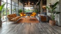 The flooring is a combination of worn naturallooking wood and industrial concrete creating a unique and cohesive blend