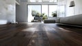 The flooring is covered with a lavish dark wood flooring creating a dramatic contrast against the white ceiling. The