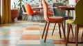 The flooring in the dining room consists of large square tiles in a range of pastel hues. The vintage vibe is heightened