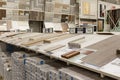 Flooring samples at a large hardware store. Interior design and renovation. Moscow, Russia, 02-02-2022 Royalty Free Stock Photo