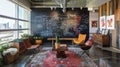 A floortoceiling chalkboard wall serves as a blank canvas for a constantly changing display of artwork. Artists can Royalty Free Stock Photo