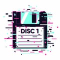 Floppy Disc With Glitch Effect. Information Data Concept. Retro Diskette With Neon Colors.