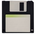 Floppy disk with blank sticker, isolated on white background. Copy space for text. Old computer technology, data storage medium. Royalty Free Stock Photo