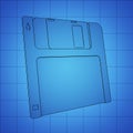 Floppy Disk blue print, thin line illustration, black outline symbol on blue background, 3d rendering Royalty Free Stock Photo