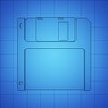 Floppy Disk blue print, thin line illustration, black outline symbol on blue background, 3d rendering Royalty Free Stock Photo