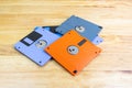 A floppy disk or diskette disk was a ubiquitous form of data storage and exchange from the mid-1970s into the mid-2000, concept Royalty Free Stock Photo