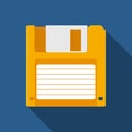 Floppy Disk icon in flat style on blue background with shadow. HD diskette old data media. Royalty Free Stock Photo