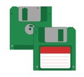 Front and back green magnetic floppy disk. Digital data device. Flat style. White background.