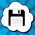 Floppy disk sign. Vector. Black icon in bubble on blue pop-art b Royalty Free Stock Photo