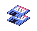 Floppy magnetic disks, computer diskettes icon in retro old 90s technology aesthetics. Information files, backup memory