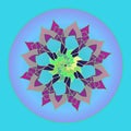 MANDALA SPRING LOTO. PLAIN TURQUOISE BACKGROUND. CENTRAL LINEAR PATTERN IN PURPLE, TURQUOISE,AQUAMARINE Royalty Free Stock Photo