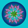 MANDALA LOTUS. PLAIN TURQUOISE BACKGROUND. COLORFUL IMAGE IN MAGENTA, GREEN, BURGUNDY, TURQUOISE, GREEN