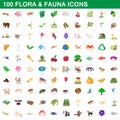 100 flora and fauna icons set, cartoon style Royalty Free Stock Photo