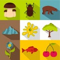 Flora and fauna icons set, flat style Royalty Free Stock Photo