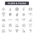 Flora and fauna line icons, signs set, vector. Flora and fauna outline concept, illustration: fauna,flora,animal,nature Royalty Free Stock Photo