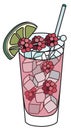 Floradora classic long cocktail in highball glass. Garnished with a raspberries and lime. Stylish hand-drawn doodle