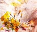 Floral backgroud with stylized bouquet of wild flowers on grunge stain , striped backdrop in white, yellow, beige, brown colors Royalty Free Stock Photo