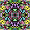 Floral abstract ornament, bright colorful pattern, multicolored background, ethnic tracery, hand drawing. Ornate decoration with