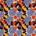 Floral abstract seamless pattern with proteas and monsteras.