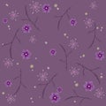 Floral abstract seamless vector isolated pattern. Trendy art style on a purple background. Spring, summer field plants