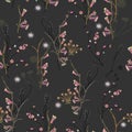 Floral abstract seamless vector isolated pattern. Trendy organic art style on a dark, textured background. Spring, summer field