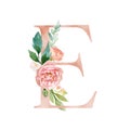 Floral Alphabet - blush / peach color letter E with flowers bouquet composition