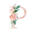 Floral Alphabet - blush / peach color letter P with flowers bouquet composition Royalty Free Stock Photo