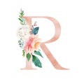 Floral Alphabet - blush / peach color letter R with flowers bouquet composition Royalty Free Stock Photo