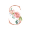 Floral Alphabet - blush / peach color letter S with flowers bouquet composition
