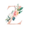 Floral Alphabet - blush / peach color letter Z with flowers bouquet composition