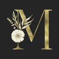 Floral alphabet and gold serif letter. Vector.