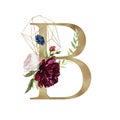 Floral Alphabet - letter B with flowers bouquet composition and delicate gold geometric shape crystal