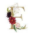 Floral Alphabet - letter E with flowers bouquet composition and delicate gold geometric shape crystal