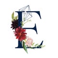 Floral Alphabet - letter E with flowers bouquet composition and delicate navy geometric shape crystal