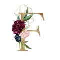 Floral Alphabet - letter F with flowers bouquet composition and delicate gold geometric shape crystal