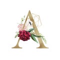 Floral Alphabet - letter A with flowers bouquet composition and delicate gold geometric shape crystal