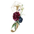 Floral Alphabet - letter J with flowers bouquet composition and delicate gold geometric shape crystal