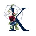 Floral Alphabet - letter K with flowers bouquet composition and delicate navy geometric shape crystal