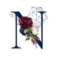 Floral Alphabet - letter N with flowers bouquet composition and delicate navy geometric shape crystal