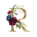 Floral Alphabet - letter R with flowers bouquet composition and delicate gold geometric shape crystal
