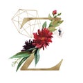 Floral Alphabet - letter Z with flowers bouquet composition and delicate gold geometric shape crystal