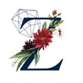 Floral Alphabet - letter Z with flowers bouquet composition and delicate navy geometric shape crystal