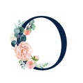 Floral Alphabet - navy color letter O with flowers bouquet composition