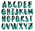 Floral alphabet set. Hand-drawn letters with Botanical elements, flowers, branches and leaves. Full alphabet, lowercase