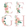 Floral Alphabet Set - letters E, F, G, H, with flowers bouquet composition