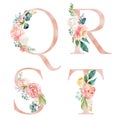 Floral Alphabet Set - letters Q, R, S, T, with flowers bouquet composition