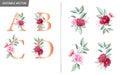 Floral alphabet set with watercolor flowers elements. Letters A, B, C, D with watercolor botanical composition. Flower bouquet Royalty Free Stock Photo